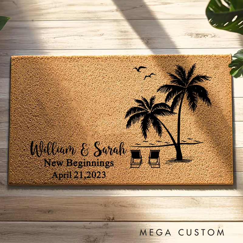 Personalized Doormat Custom Tropical Palm Tree Design Durable Coir Welcome Mat for New Home Entryway Perfect Housewarming Gift for Couples