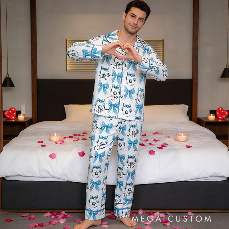 Personalized Couple Soccer Pajamas with Custom Name and Bow Design Gift for Anniversaries Valentine’s Day