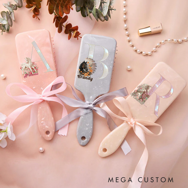 Personalized Horse Riding Initial Name Airbag Comb Hair Comb Pink Airbag Brush Anniversary Gifts for Girls for Horse Lovers Riding Lovers Equestrian Lovers