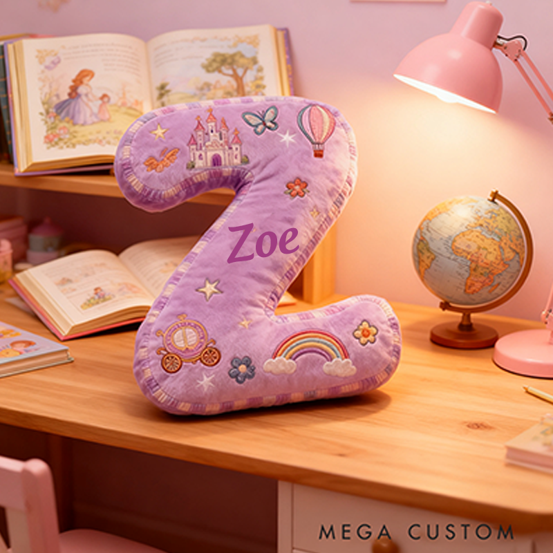 Personalized Princess Letter Christmas Gift Pillow Purple Design and Fairytale Embroidery Graphic 3D Print Pillow for Kids