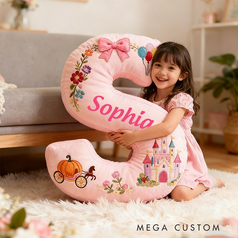 Personalized Pink Letter Christmas Gift Pillow with Castle Pumpkin Carriage Rainbow for a Fairytale Inspired Design Graphic 3D Print Pillow