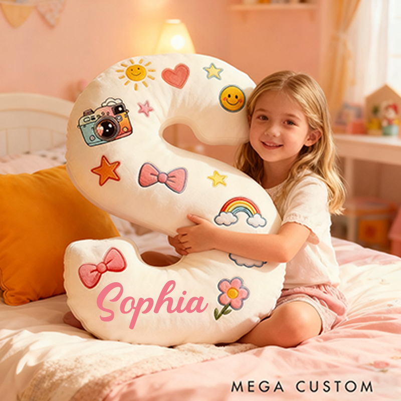 Personalized 26 Letters Shaped Christmas gift Pillow with Cute Camera Bowknots Flowers Smiley Faces Stars and Pastel Design Graphic 3D Print Pillow