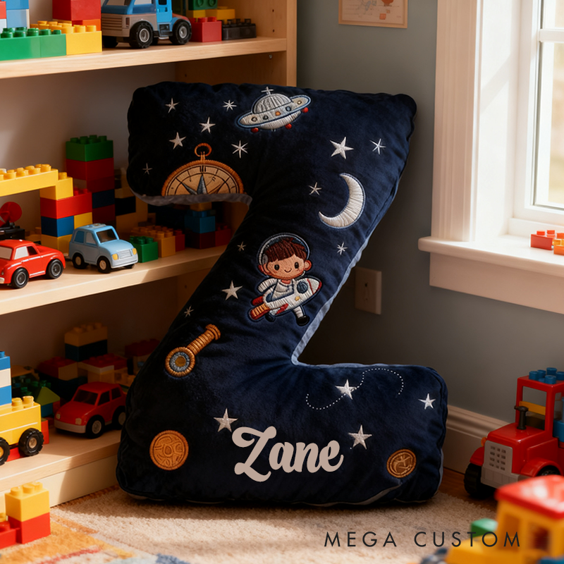 Personalized Space Themed Christmas Gift Pillow with Stars Moon Spaceship Compass Telescope and Astronaut Design Graphic 3D Print Pillow