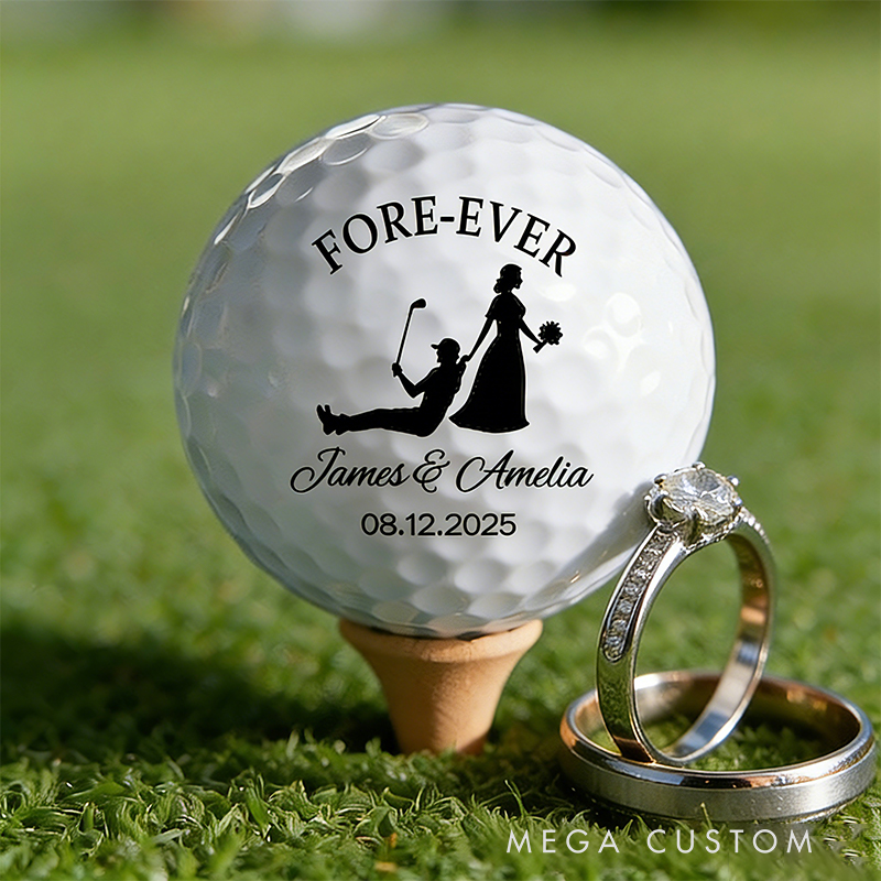 Personalized Bride and Groom Golf Ball with Wedding Silhouette and Details for Weddings and Anniversaries