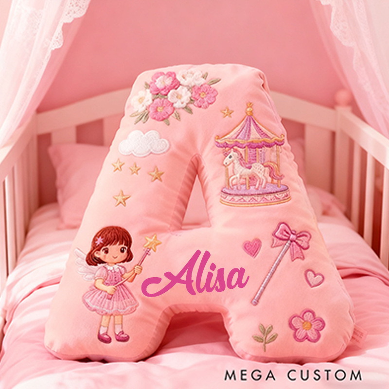 Personalized Pink Letter Christmas Gift Pillow Pink Fairy Tale Design Carousel Magic Wand Flowers and Whimsical Embroidery Graphic 3D Print Pillow