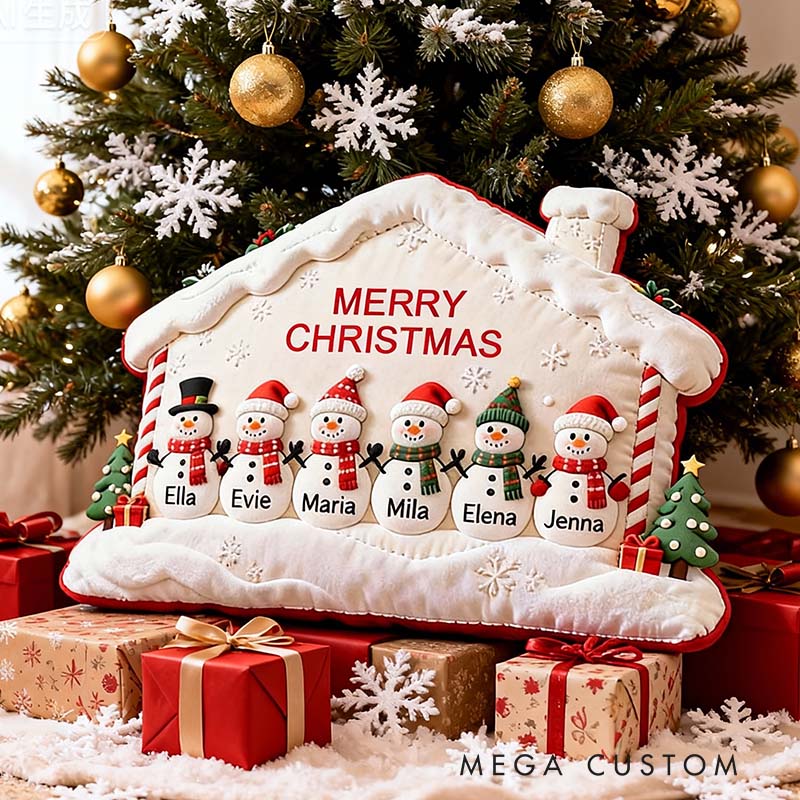 Personalized Snowman Family Pillow Merry Christmas Design Custom Names Festive Holiday Decor Cozy Decorative Cushion Gift for Family Celebrations
