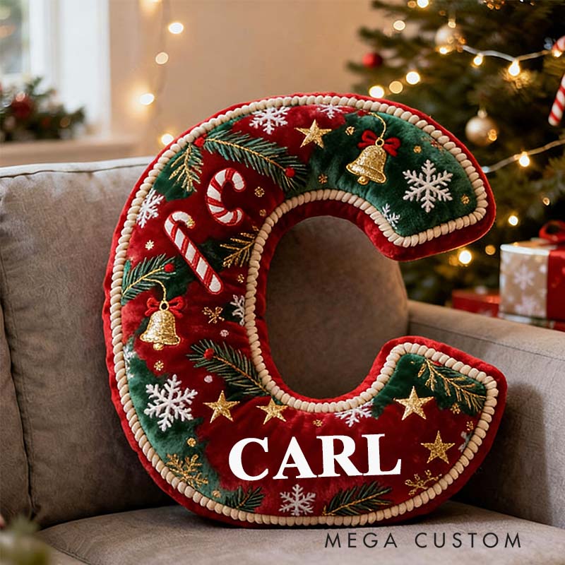 Personalized Christmas Letter Pillow Festive Holiday Decor Candy Cane and Bell Graphic 3D Print Cozy Custom Cushion for Living Room Soft Decorative