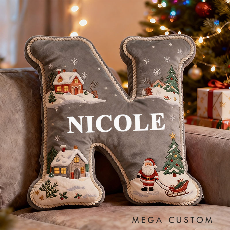 Personalized Gray Christmas Letter Pillow Custom Name Festive Decor with Santa Cabin Snowy Landscape Christmas Gifts for Family Graphic 3D Print