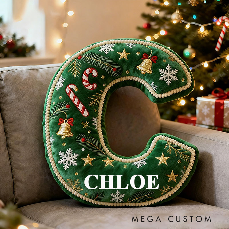 Personalized Christmas Letter Pillow Green Festive Holiday Decor Candy Cane and Bell Graphic 3D Print Custom Cushion for Living Room Soft Decorative