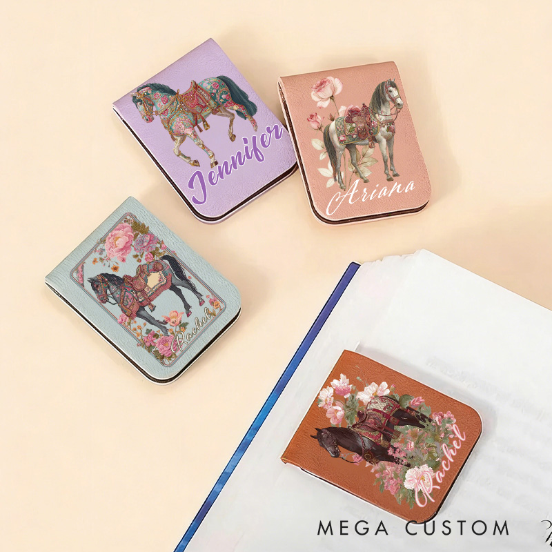 Personalized Horse PU Leather Magnetic Bookmark Clip with Name Daily Use Birthday Gift for Book Lovers Riding Lovers Equestrian Lovers