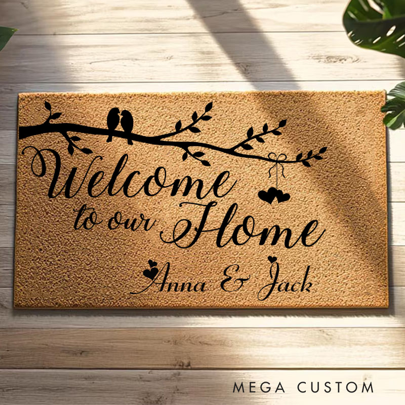 Personalized Welcome Door Mat Welcome to our Home Mat with Love Birds Indoor Outdoor Rug for Couple Housewarming Gift