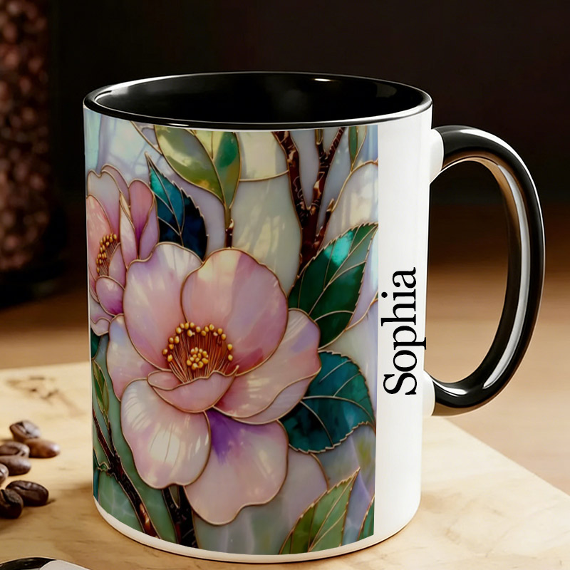 Personalized Stained Glass Style Wildflower Mug Cottage core Floral Ceramic Mug Custom Name for Gardening Lovers