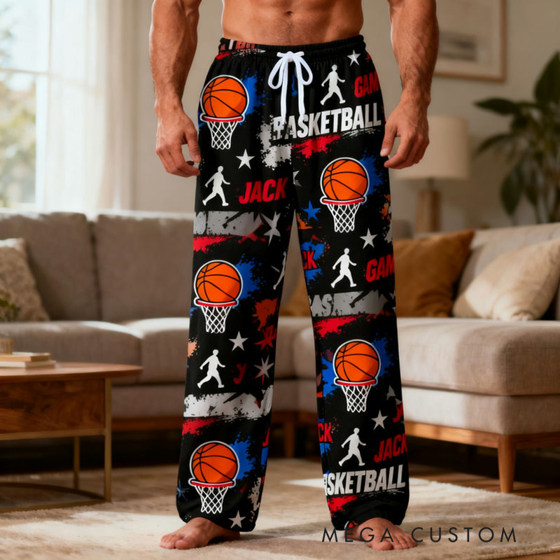 Personalized Basketball Pajama Pants with Custom Name and Sports Design for Basketball Enthusiast