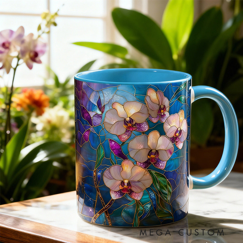 Personalized Stained Glass Print Orchid Mug Floral Art Mug Custom Name for Gardening Lovers