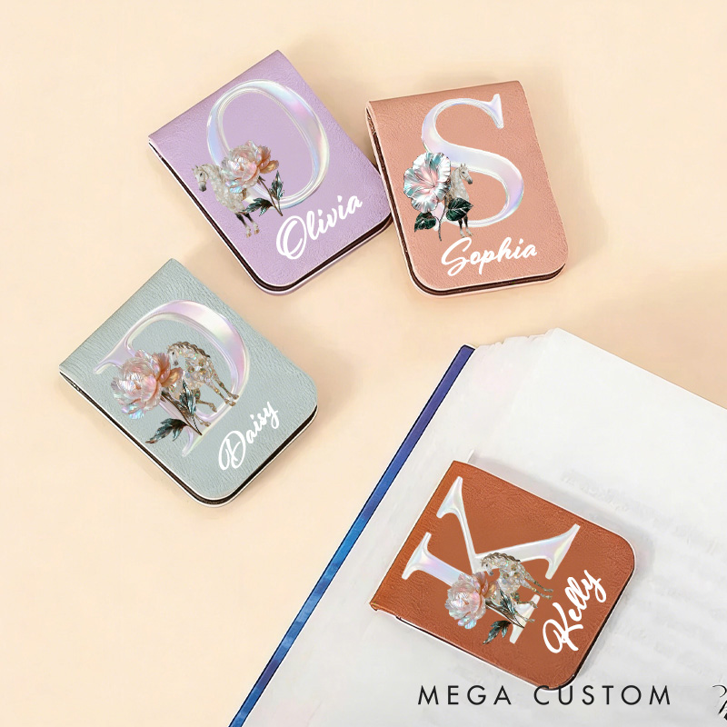 Personalized Horse and Birth Flower PU Leather Magnetic Bookmark Clip with Name Daily Use Birthday Gift for Book Lovers Riding Lovers Equestrian Lovers