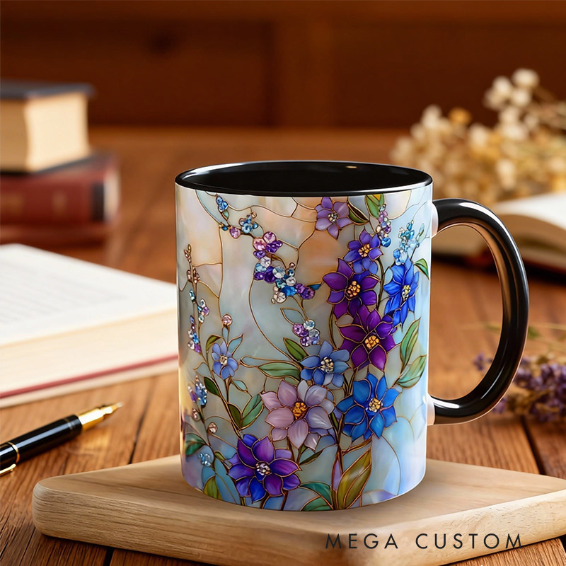 Personalized Stained Glass Blue Larkspur Mug Floral Art Mug Custom Name for Gardening Lovers
