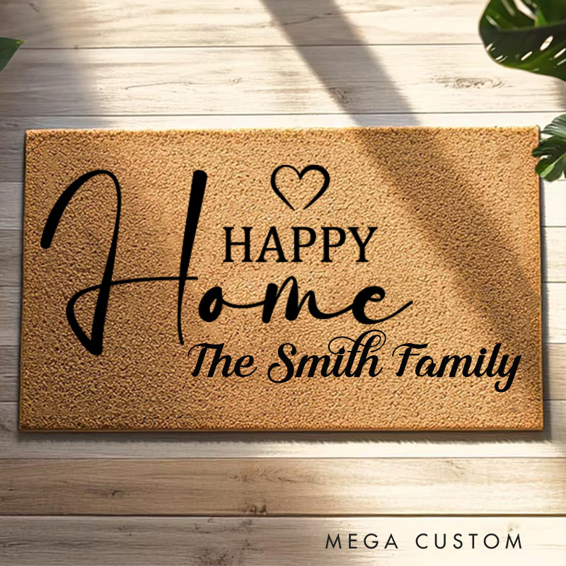 Personalized Happy Home Doormat Custom Welcome Mat Durable Coir Rug for Front Door Housewarming Gift for Family Couples or New Homeowners