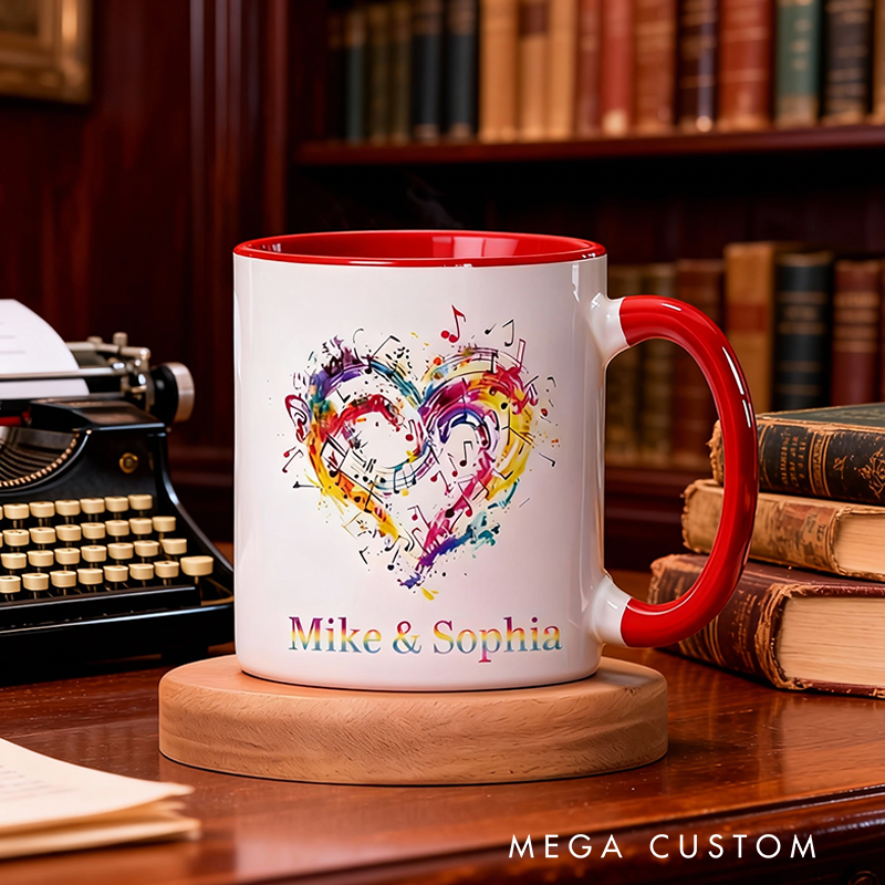 Personalized Name Music Heart Ceramic Mug Gift for Music Lovers and Couple Gift