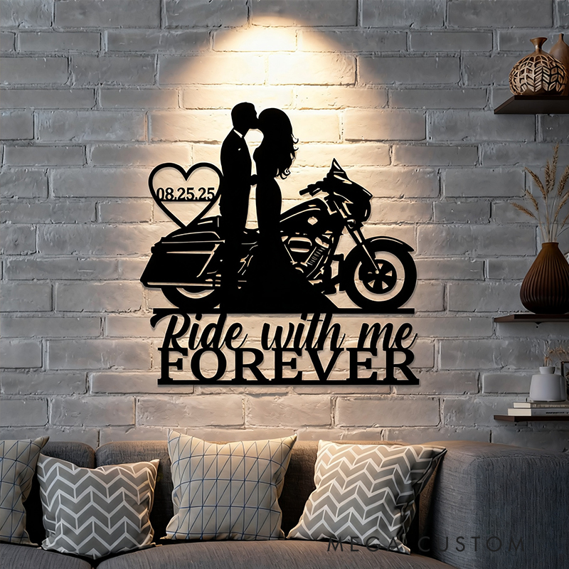 Personalized Motorcycle Couple Metal Wall Art Ride With Me Forever Sign Custom Date Gift for Biker Lovers and Couples