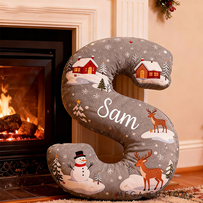 Personalized Christmas Letter Pillow Custom Name Festive Decor with Snowman Reindeer Cabin First Christmas in New Home Gifts Graphic 3D Print 