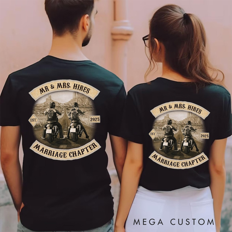 Personalized Mr Mrs Biker Lover T‑Shirt Custom Name and Year Motorcycle Couple Shirt Marriage Chapter Wedding or Anniversary Gift