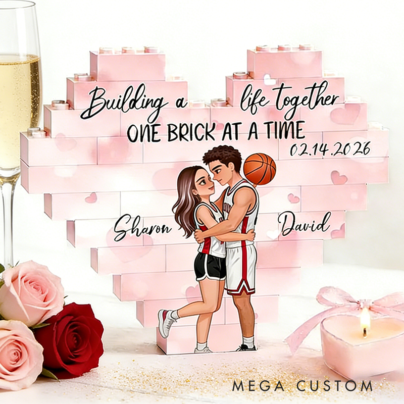 Personalized Basketball Couple Heart Building Block Building a Life Together One Brick at a Time  with Custom Names and Date Valentine's Day Gift