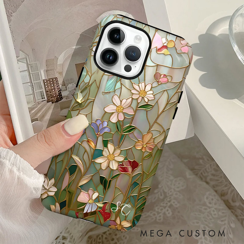 Personalized Floral Stained Glass Phone Case with Initial for iPhone Gift for Gardening Lovers 