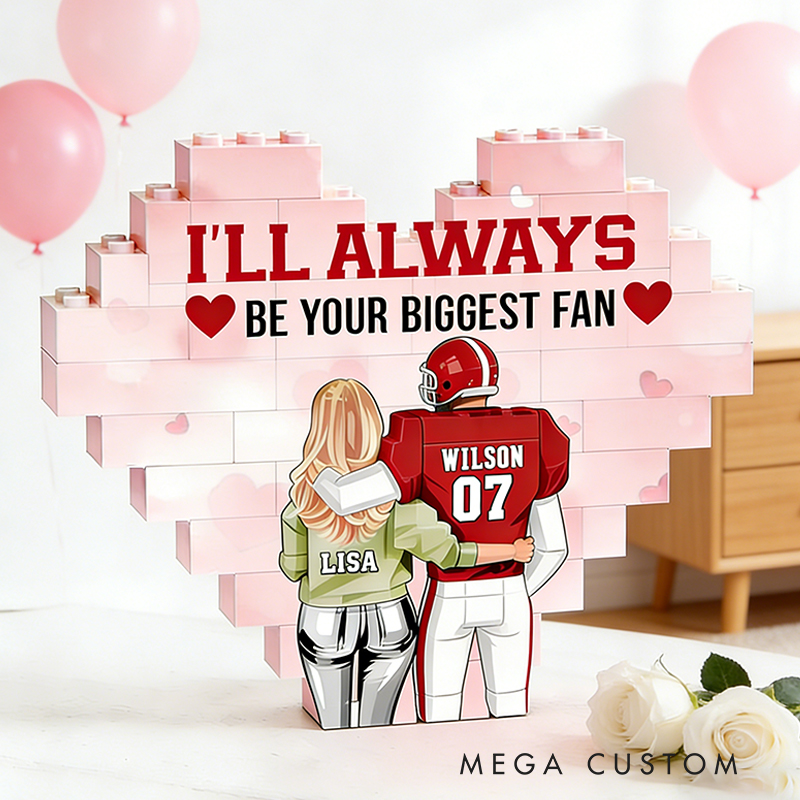 Personalized Football Couples Heart "Biggest Fan" Building Blocks with Custom Names and Number Valentine's Day Gift