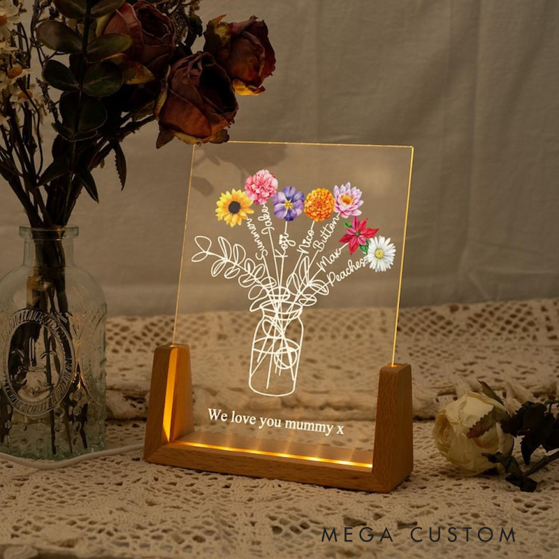Personalized Family Bouquet Night Light Mothers Day Gift Mum's Bunch with Kids Name Birth Flower Lamp Gift for Mom 