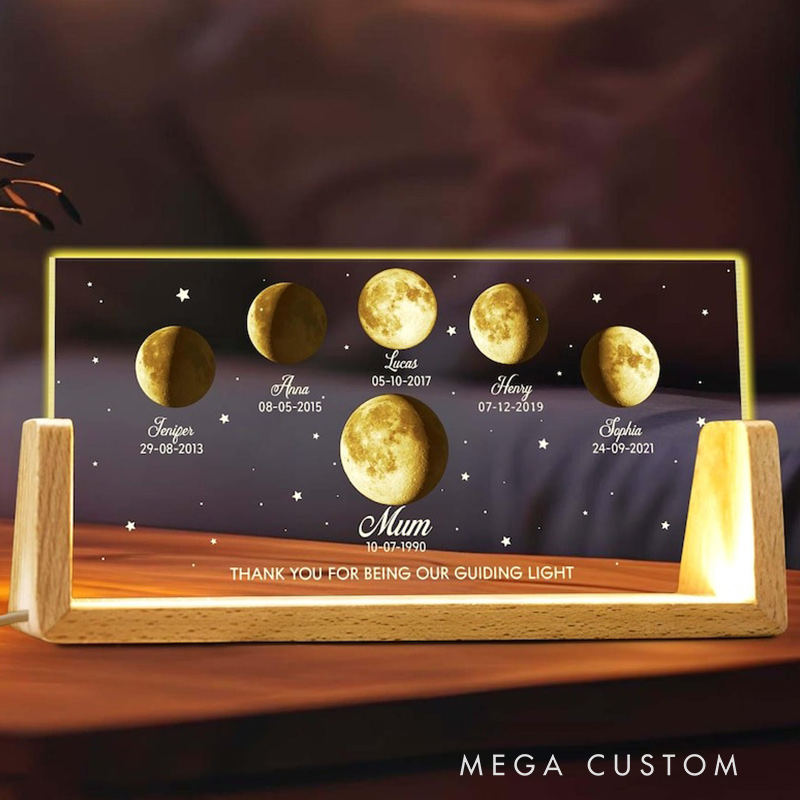Personalized Moons Phase with Kids Names Custom Moons Phase LED Night Light Mother’s Day Gifts Gift for Mama