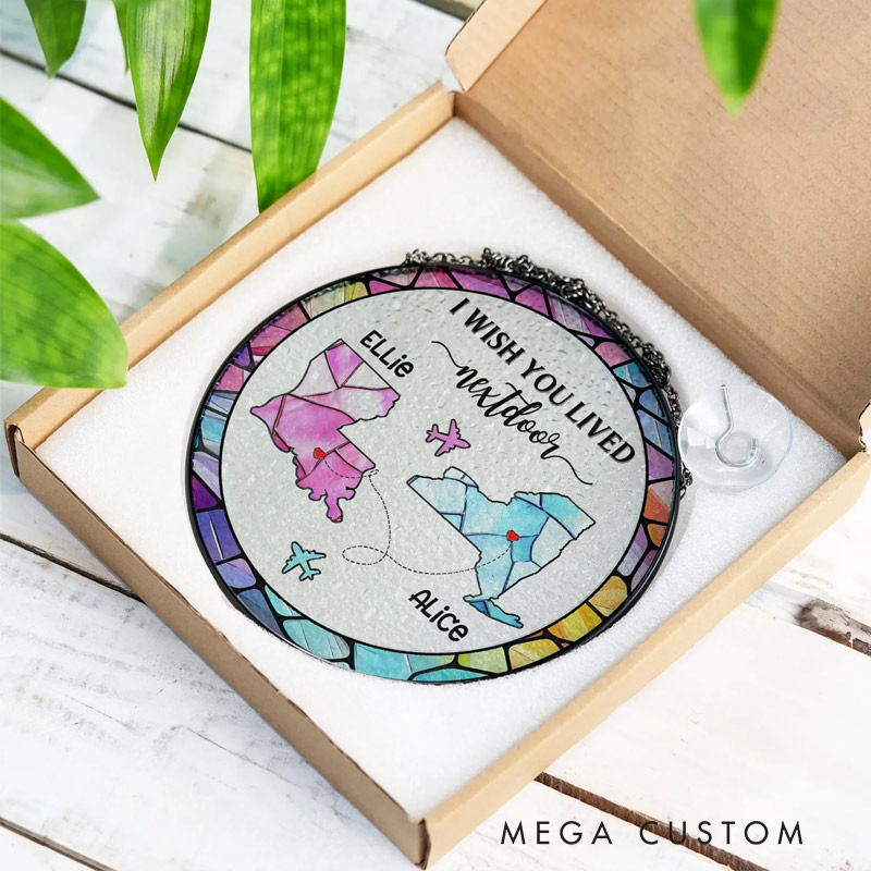 Personalized Long Distance Friendship Stained Glass Suncatcher Two Countries Ornament for Traveling Lovers 
