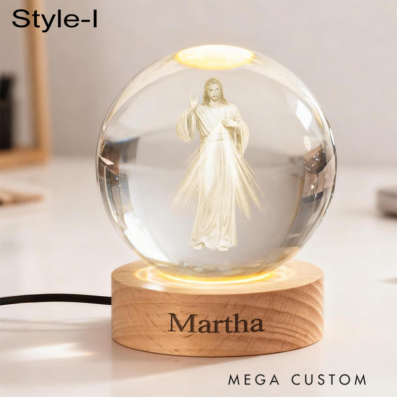 Personalized Cross 3D Engraved Crystal Ball Night Light With Custom Text in Wooden Base Home Decor Jesus Night Lamp Religious Gift Christmas Gift