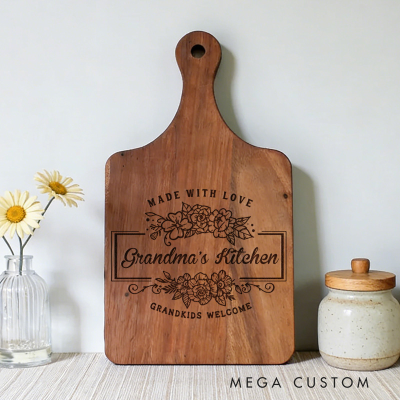 Personalized Engraved Kitchen Cutting Board Custom Bamboo Paddle Board Made with Love Design Grandkids Welcome for Grandma Gifts Home Decor
