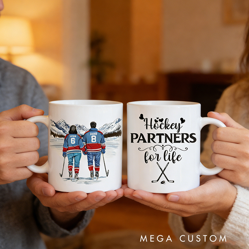 Personalized Couple’s Hockey Mug with Custom Names and Numbers for Hockey-Loving Couples