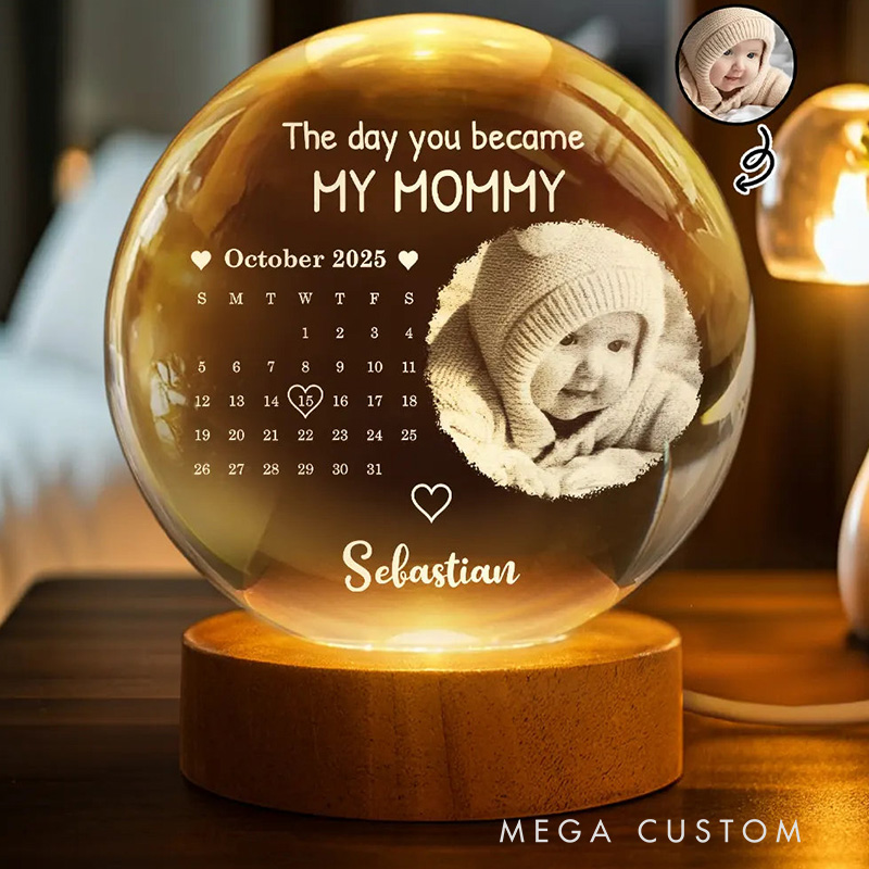 Personalized Crystal Globe Lamp Custom Photo Calendar The Day You Became My Mommy Night Light Pregnancy Announcement Gift New Dad Gift