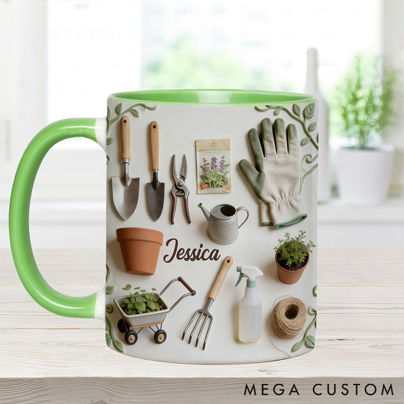 Personalized Love Gardening Mug Adorned with 3D Tool Embellishments Custom Name Engraved Mug for Avid Garden Lovers