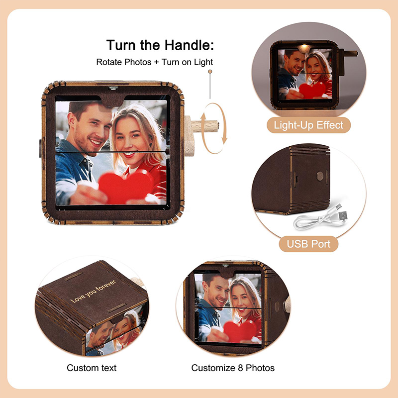 Personalized Photo Flipbook Animation Music Box Custom Crank Photobox Picture Box Custom wooden Photo Book with Light Custom Photo Flipbook Frame