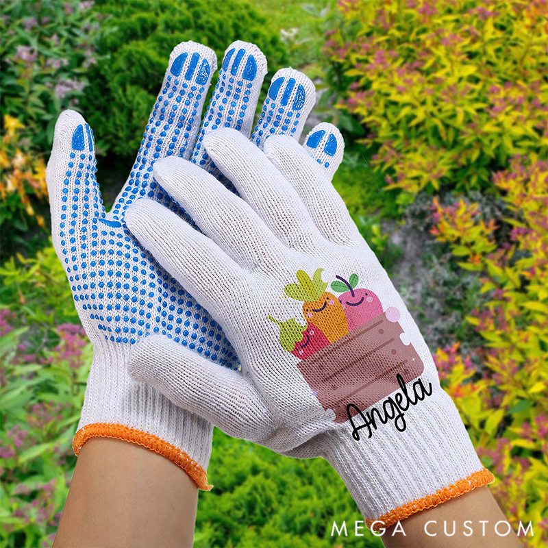Personalized Name Gardening Gloves with Cute Vegetable & Fruit Crate Embroidery: Adorable, Functional Work Gear for Garden Lovers