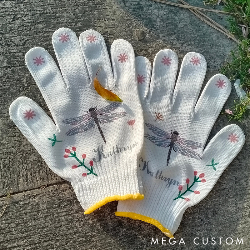 Personalized Name Gardening Gloves Adorned with Delicate Dragonfly & Floral Embroidery: Charming, Practical Gear for Outdoor Enthusiasts