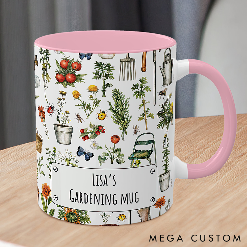 Personalized Gardening Mug Adorned with Botanical Tool & Insect Prints Charming Functional Drinkware for Green-Thumb Enthusiasts