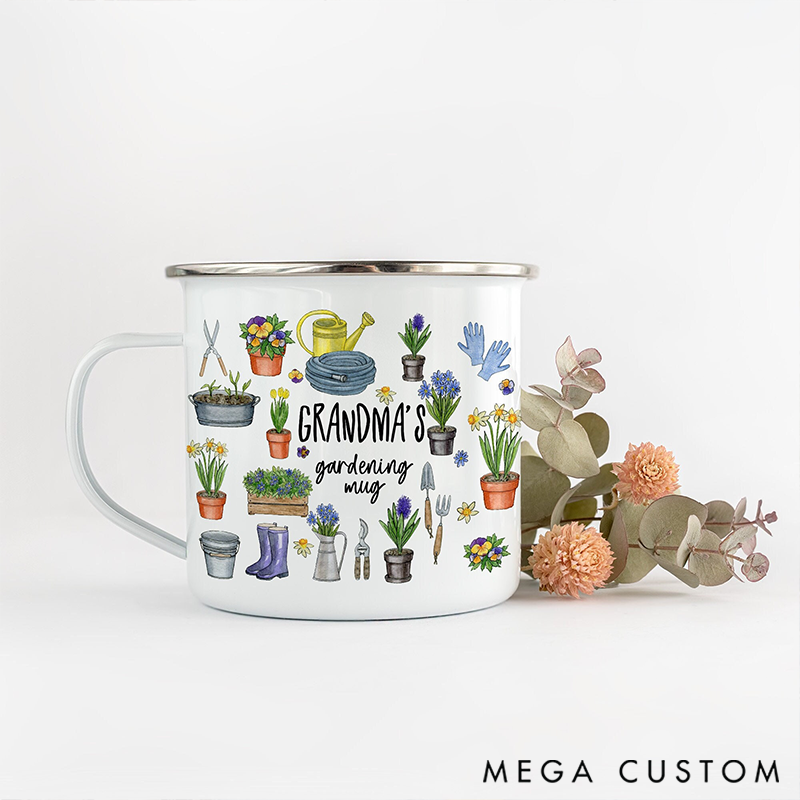 Personalised Enamel Gardening Mug Garden Gift for Him And Her Couple Present with Floral & Tool Designs to Celebrate Her Green-Thumb Passion
