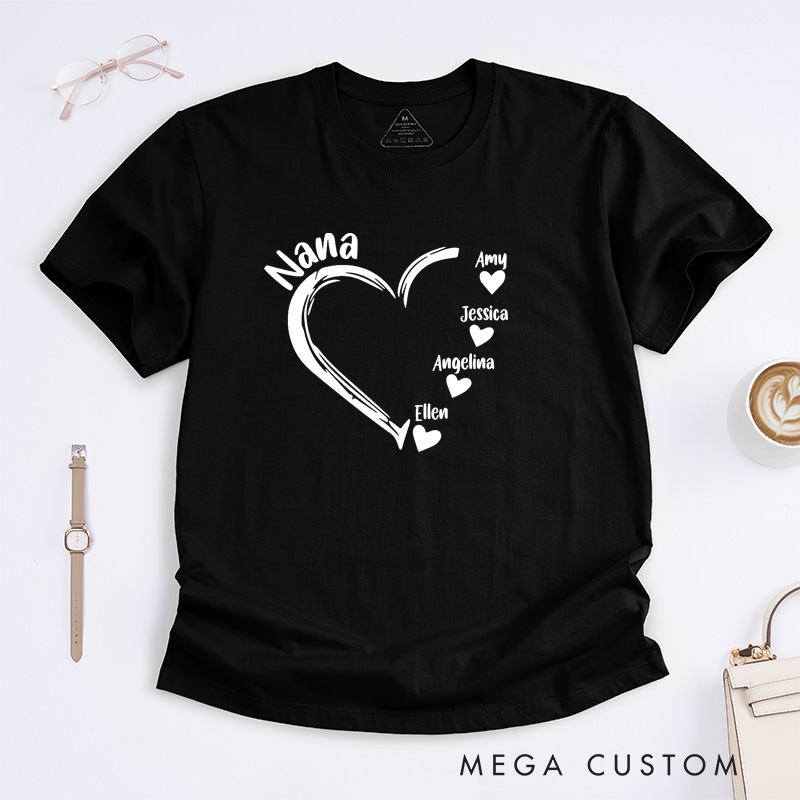 Personalized Nana T-Shirt Custom Heart Design Gift for Grandmother Mother's Day Birthday Comfortable Cotton Shirt for Women Unique Grandma