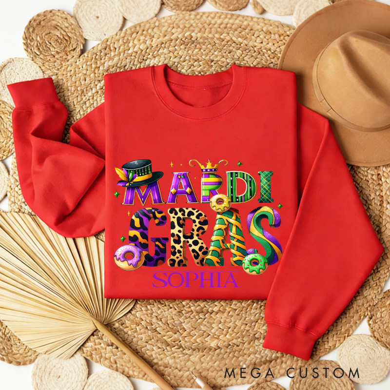Personalized Mardi Gras Donut Sweatshirt with Name Retro King Cake Sweatshirt Carnival Coquette Shirt Gift for Baking Lover Him Her