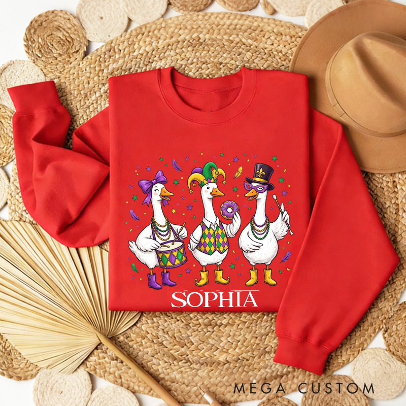 Personalized Mardi Gras Goose Sublimation Sweatshirt with Name Donut Goose Sweatshirt Carnival Coquette Shirt Gift for Baking Lover Him Her