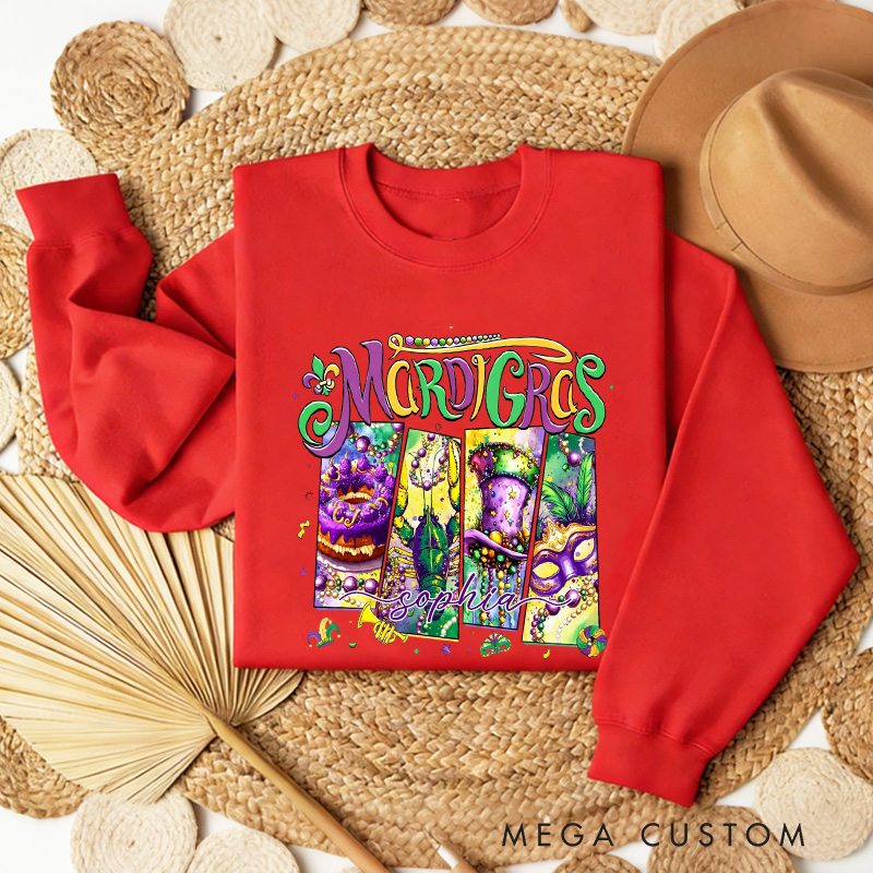 Personalized Mardi Gras Donut Sublimation Sweatshirt with Name King Cake Sweatshirt Carnival Coquette Shirt Gift for Baking Lover Him Her