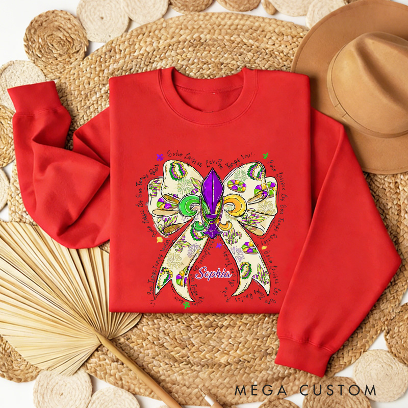 Personalized Mardi Gras Donut Bow Sweatshirt with Name Louisiana King Cake Sweatshirt Fat Tuesday Shirt Gift for Baking Lover Him Her Cake Lover