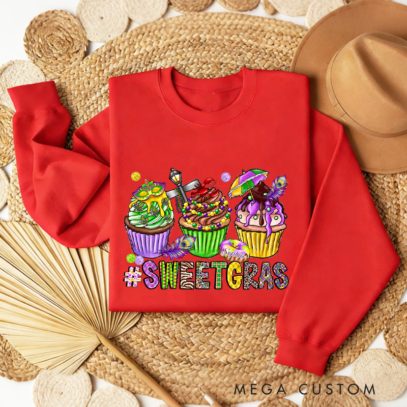 Personalized Sweet Mardi Gras Sweatshirt with Name Mardi Gras Cupcake Sweatshirt Fat Tuesday Shirt Gift for Baking Lover Him Her Cake Lover
