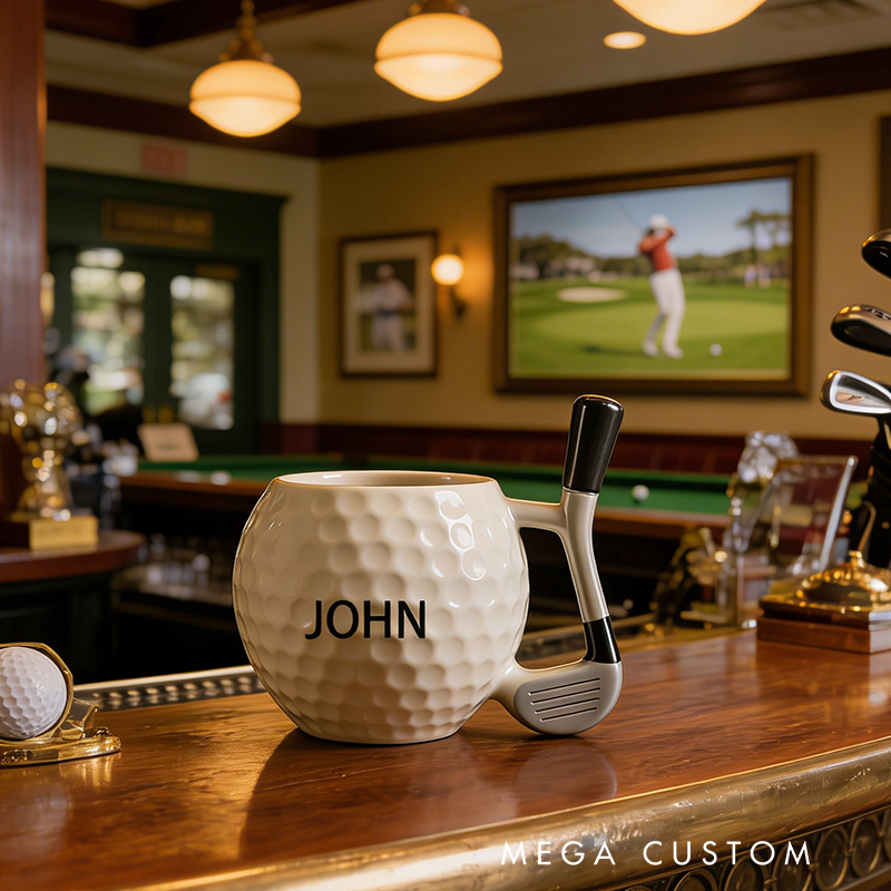 Personalized Golf Ball Coffee Mug with Club Handle and Custom Name for Golf Enthusiasts