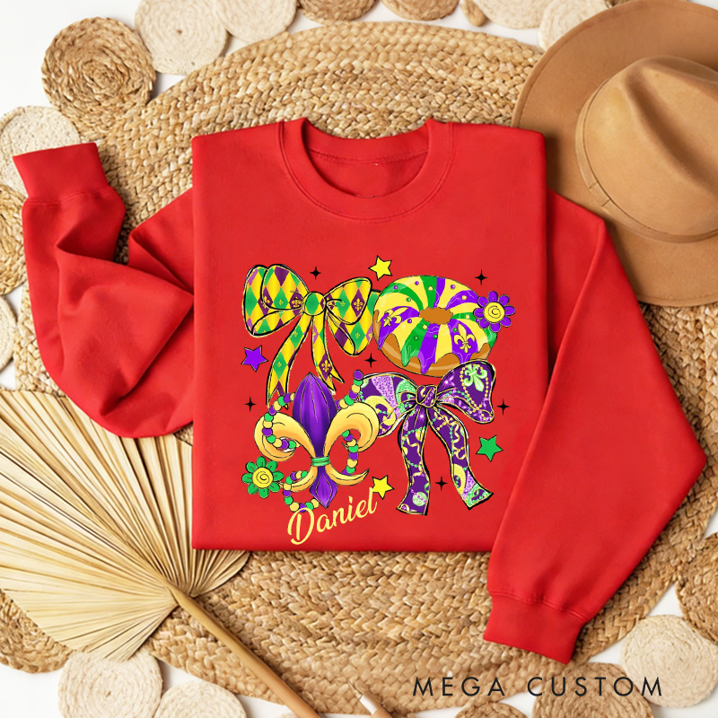 Personalized Mardi Gras Coquette Sweatshirt with Name Preppy Bow King Cake Coquette Sweatshirt Fat Tuesday Shirt Gift for Baking Lover Her Cake Lover
