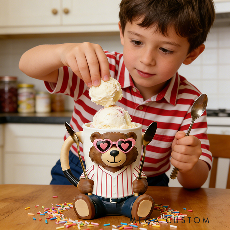 Personalized Baseball Mascot Bear Ice Cream Pint Holder with Adorable Heart Sunglasses 3D Printed with Spoon Slots & Snack Drawer for Baseball and Ice Cream Enthusiasts